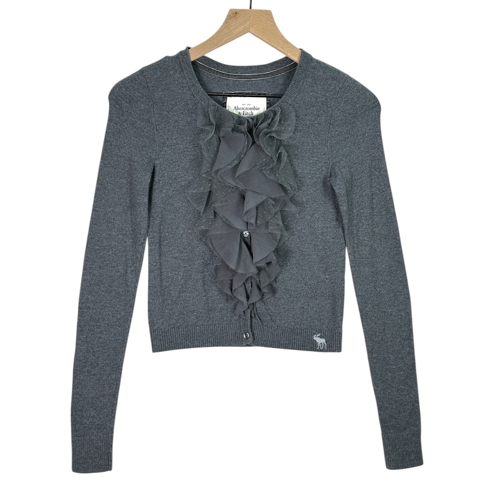 Vintage Abercrombie & Fitch‎ Ruffle Cardigan Grey Y2K Moose Logo Coquette Small